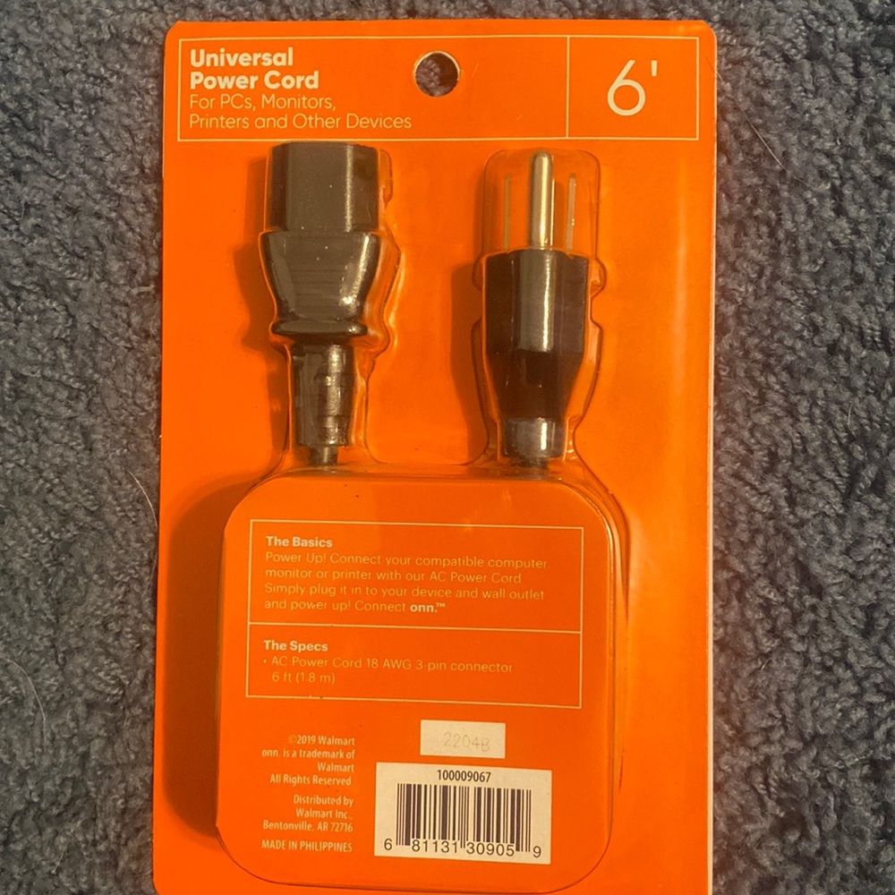 6ft Universal Power Cord for PCs, Monitors, Printers, and Other Devices
